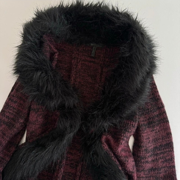 BCBGMaxAzria Burgundy Sweater Cardigan with Black Faux-Fur Trim - Picture 3 of 5